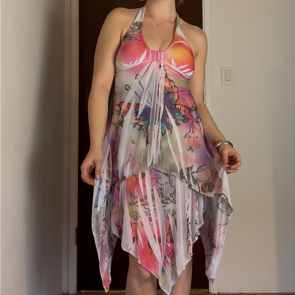 90s Butterfly Vibrant Asymmetrical Halter Dress